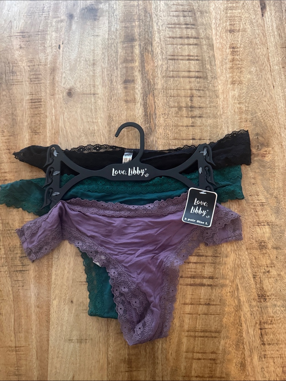 Love, Libby women’s thong panty Bottoms size large set of 3 purple black green